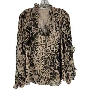 Calvin Klein Animal Print Chiffon Long Sleeve Shirt Size Large Ruffle Tie Neck